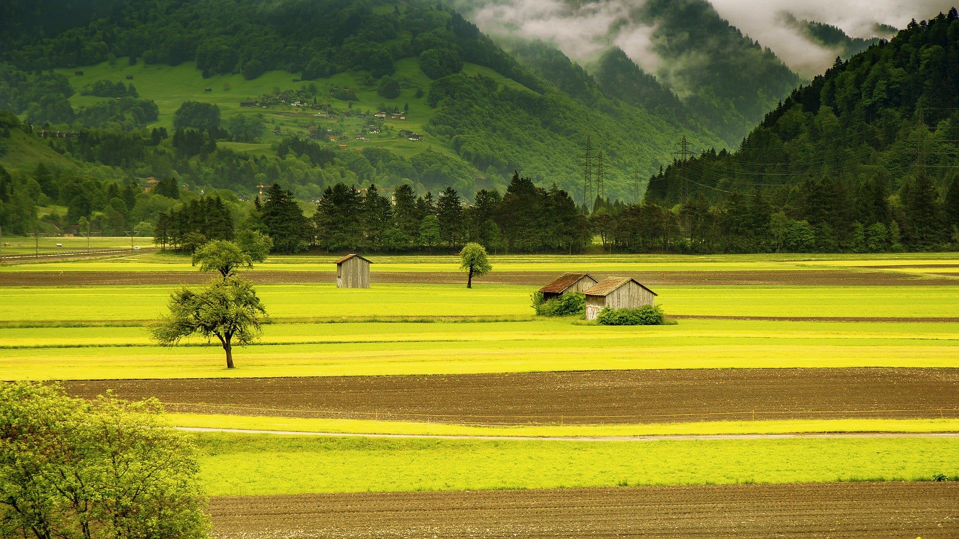 A couple of houses spread across the meadow with huge mountains as the backdrop representing the importance of biomass installers and energy efficiency