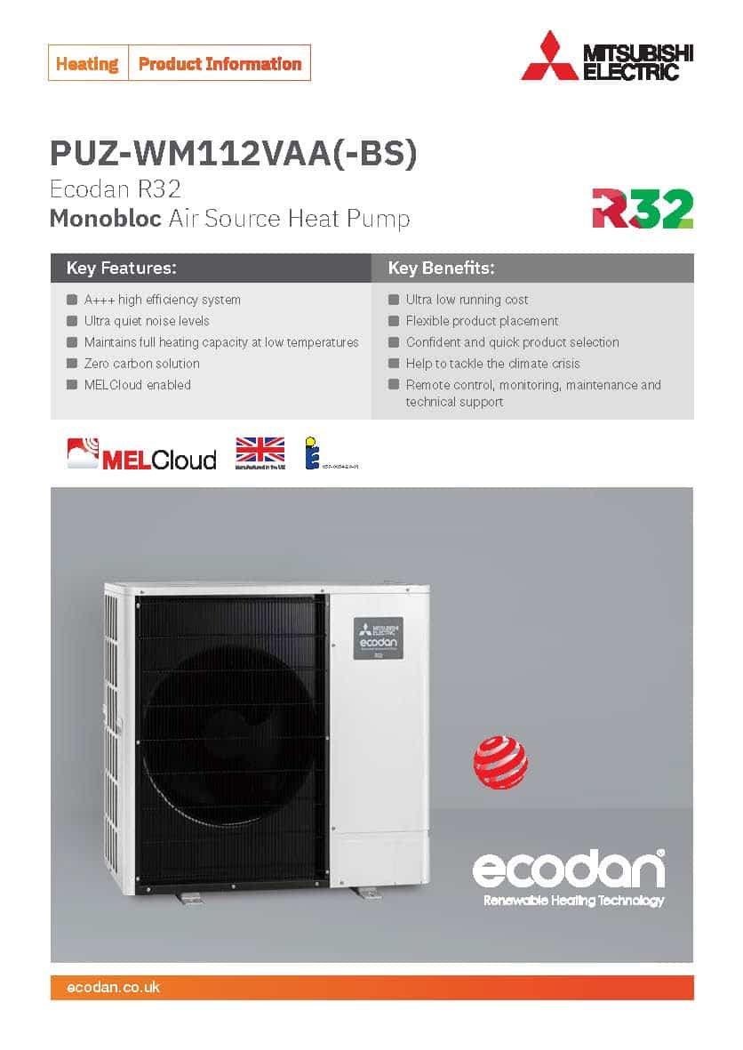 Ecodan R32 Monobloc Air Source Heat Pump PUZ-WM112VAA(-BS)