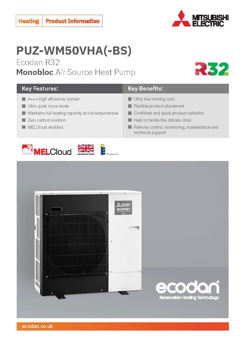 Ecodan R32 Monobloc Air Source Heat Pump PUZ-WM50VHA(-BS)