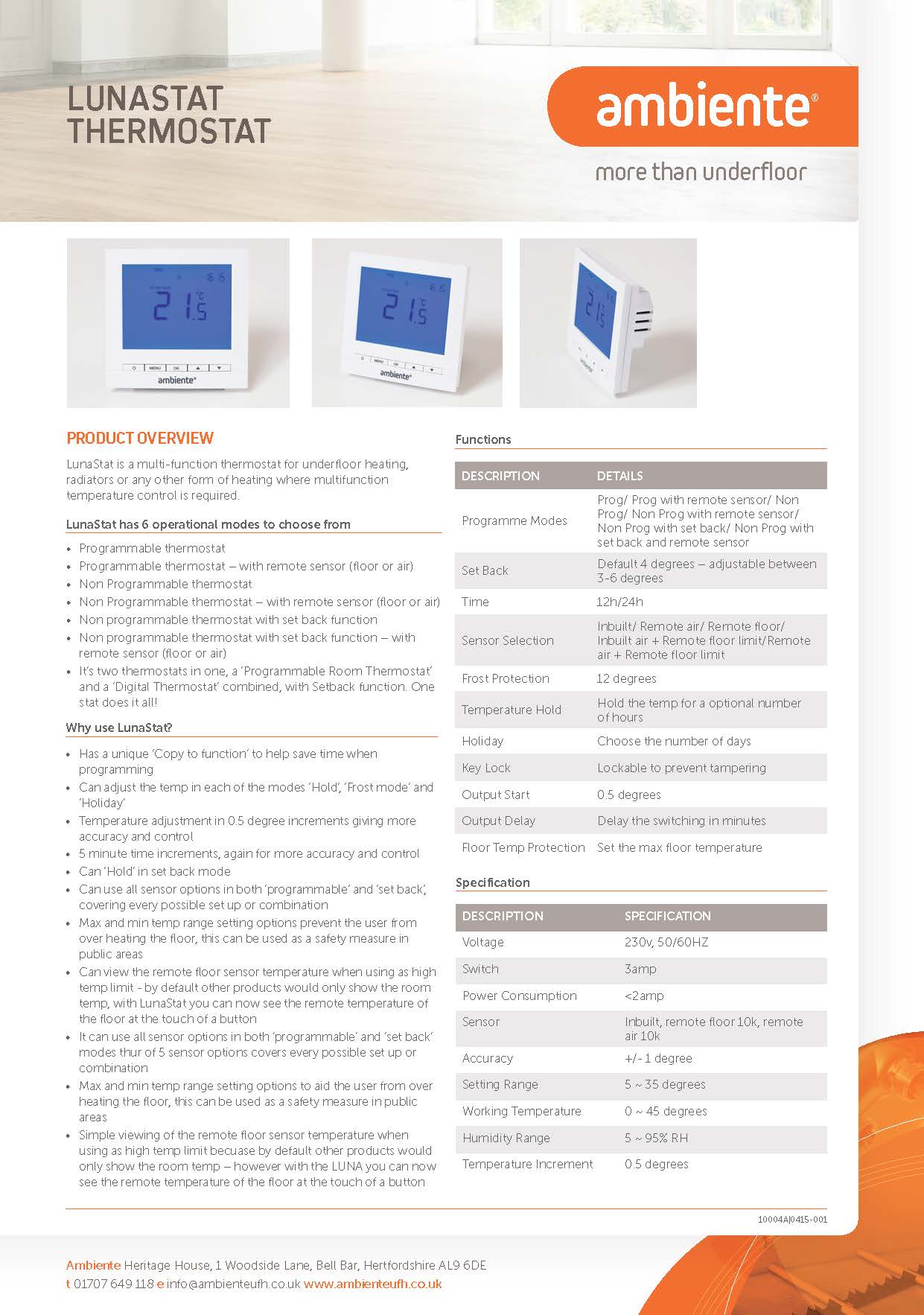 AMBIENTE LunaStat 7 Day Programmable Thermostat or Timer